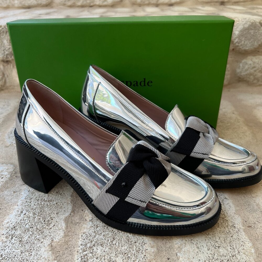Kate Spade Leandra Heel Loafers Silver Mirror 8 M NEW NWT